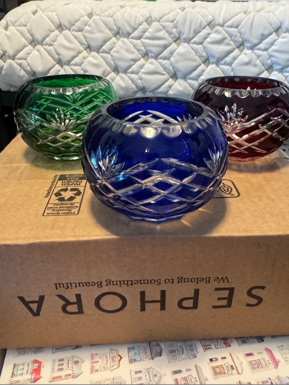 Vintage Fifth Avenue Hand-Cut Crystal Votive Candle Holders - Blue, Green, Red